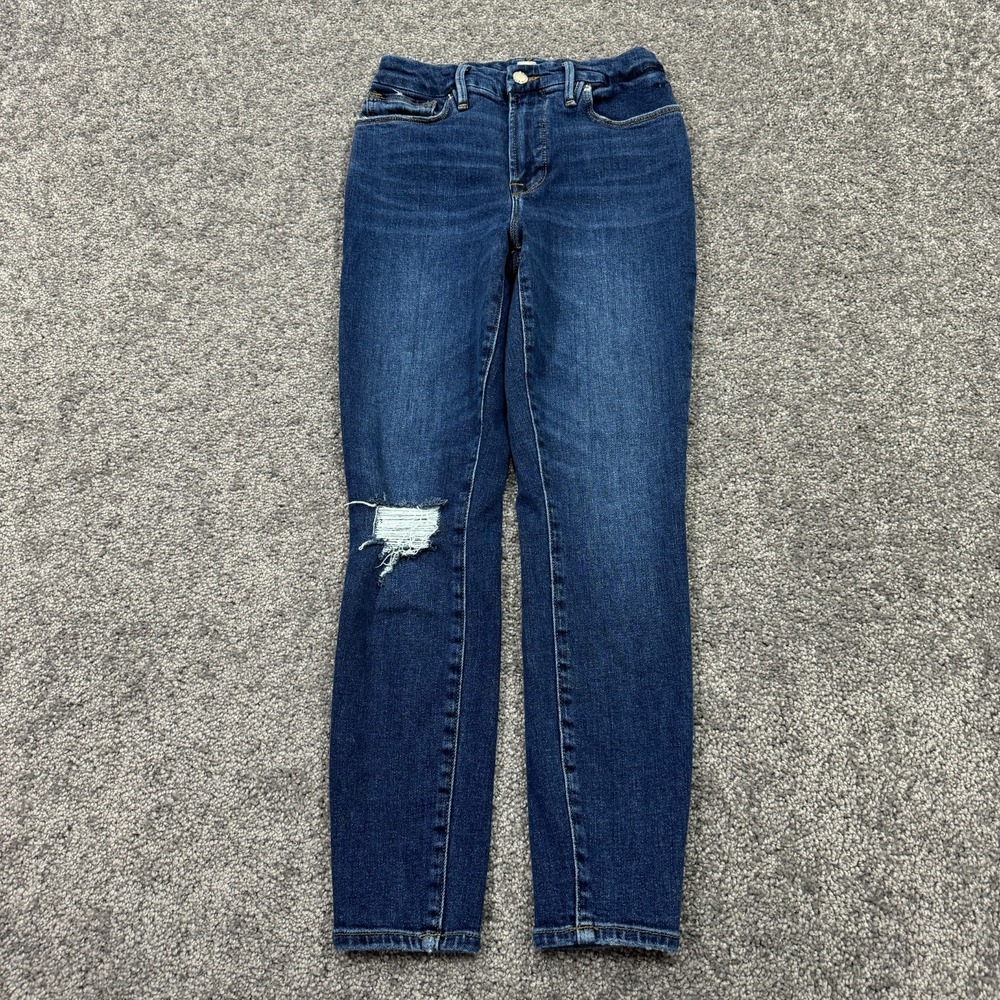 Good American Jeans Womens 2/26 Blue Cropped Stretch Medium Wash Denim Preppy
